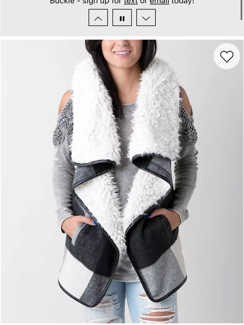Buckle Faux Shearling Plaid Vest in Black & White
